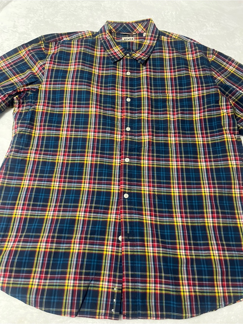 1901 Navy Blue Multi-Color Plaid Button-Down Shirt